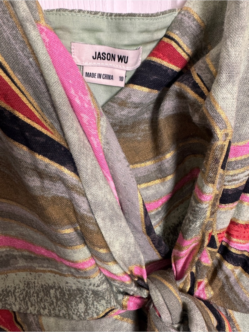 Jason Wu Olive Multicolor Abstract Watercolor Tie-Front Knotted Midi Dress - Picture 4 of 10